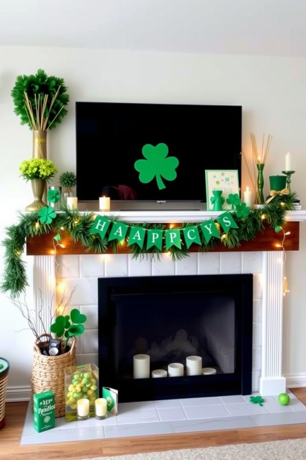 Create a festive mantel display featuring a mix of green and gold decor elements to celebrate St. Patrick's Day. Incorporate shamrocks, fairy lights, and a cheerful banner to enhance the festive atmosphere.