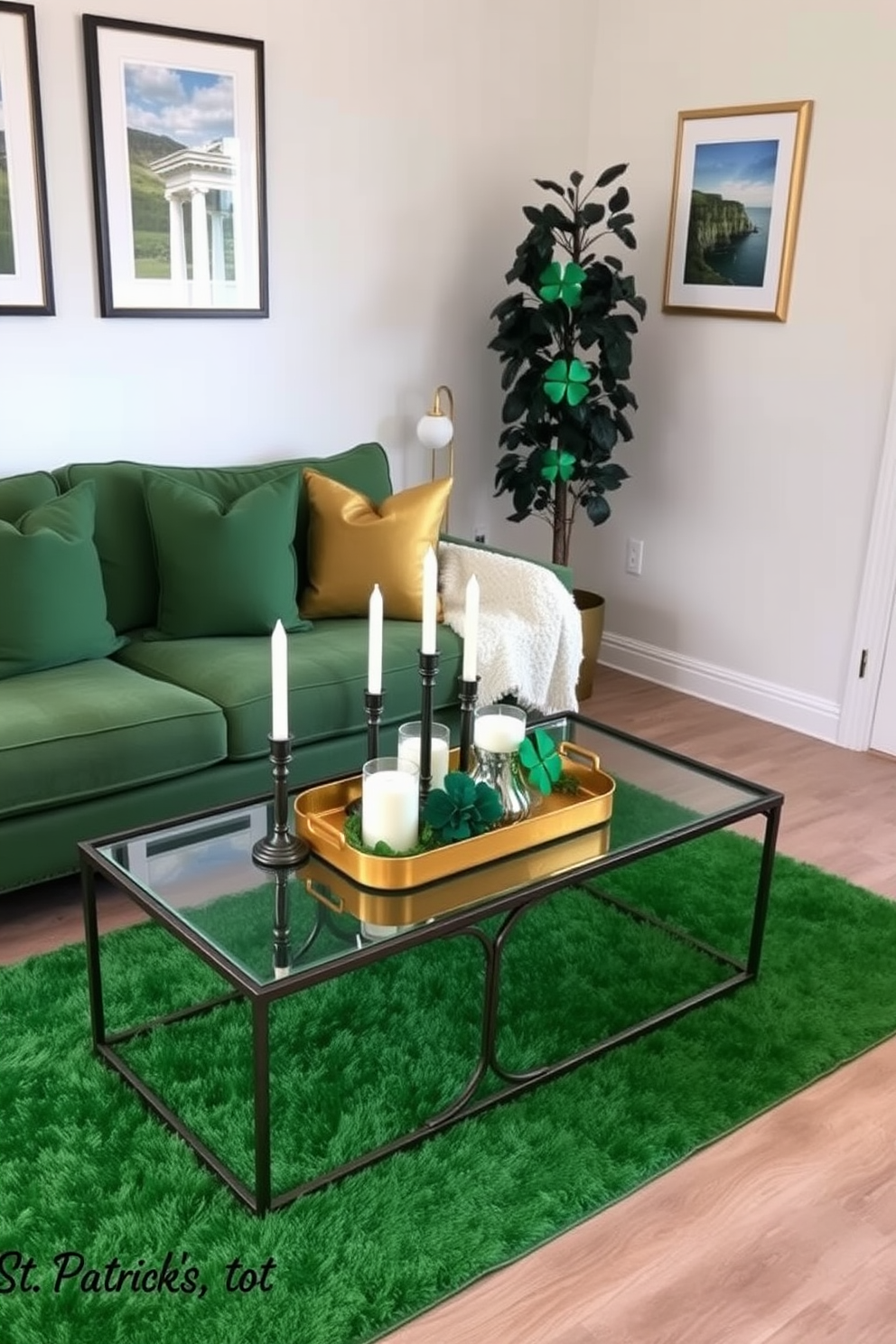 A stylish living room adorned with festive St. Patrick's Day decorations. The space features a cozy green sofa with gold accent pillows, complemented by a coffee table adorned with a gold tray holding candles and shamrock-themed decor. On the walls, there are framed prints of Irish landscapes, and a vibrant green rug lies beneath the coffee table. A tall plant in a gold pot stands in the corner, adding a touch of elegance to the festive atmosphere.