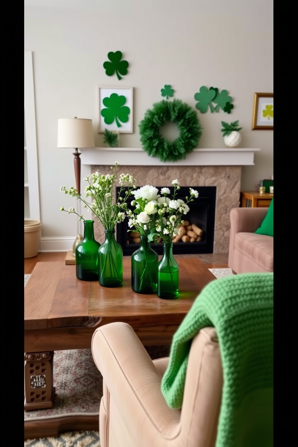 A cozy living room decorated for St. Patrick's Day. Green glass vases filled with fresh flowers are placed on a rustic wooden coffee table surrounded by plush seating. The walls are adorned with festive green and gold accents, including shamrock-themed wall art. A soft throw blanket in shades of green drapes over the arm of a comfortable chair, adding warmth and charm to the space.