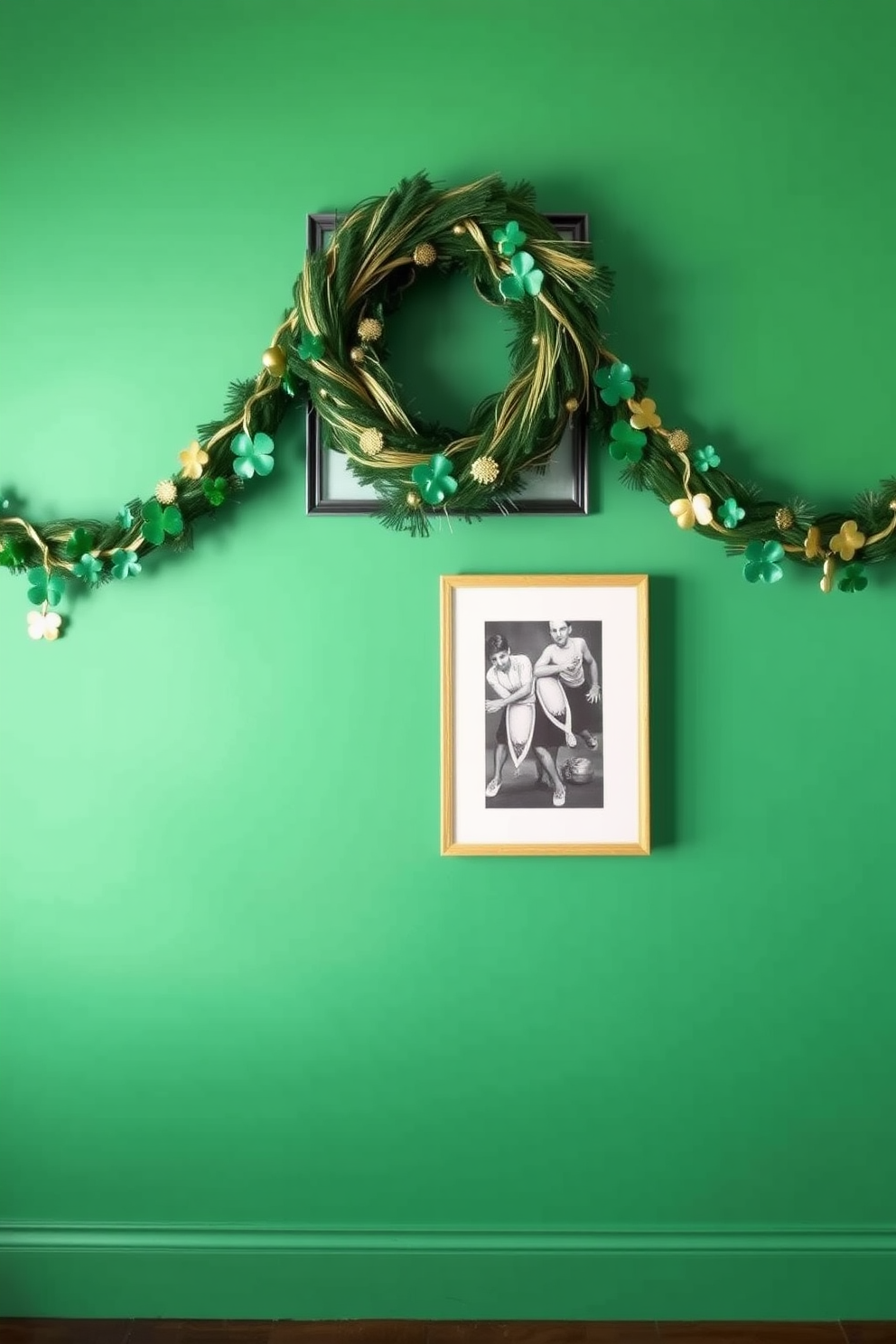 A charming dining table centerpiece featuring a vibrant leprechaun hat adorned with gold accents. Surrounding the hat are clusters of fresh green clovers and small pots of gold coins, creating a festive St. Patrick's Day atmosphere.