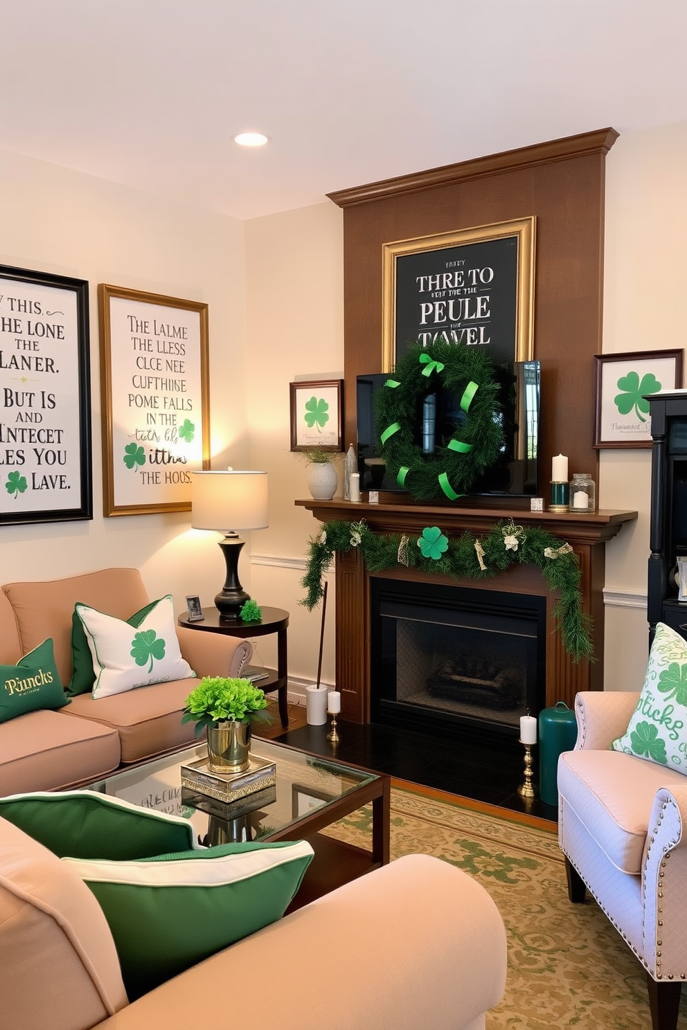 A cozy living room adorned with framed Irish quotes on the walls creates a warm and inviting atmosphere. The decor features green and gold accents, celebrating the spirit of St. Patrick's Day with festive decorations like shamrocks and leprechauns.