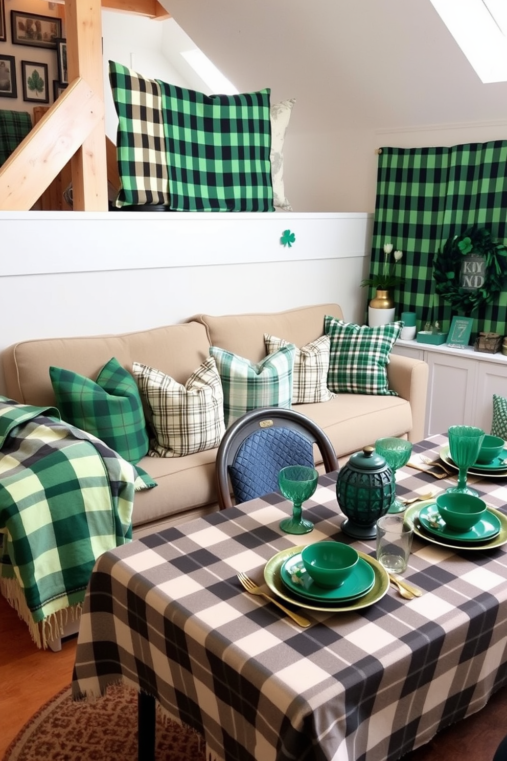 A cozy loft space adorned with various plaid patterns in the textiles. The couch features a mix of green and white plaid throw pillows, while a plaid blanket drapes over the armrest. A festive St. Patrick's Day theme is introduced with green accents and shamrock decorations. A large plaid tablecloth covers the dining table, complemented by green dinnerware and gold accents for a touch of elegance.