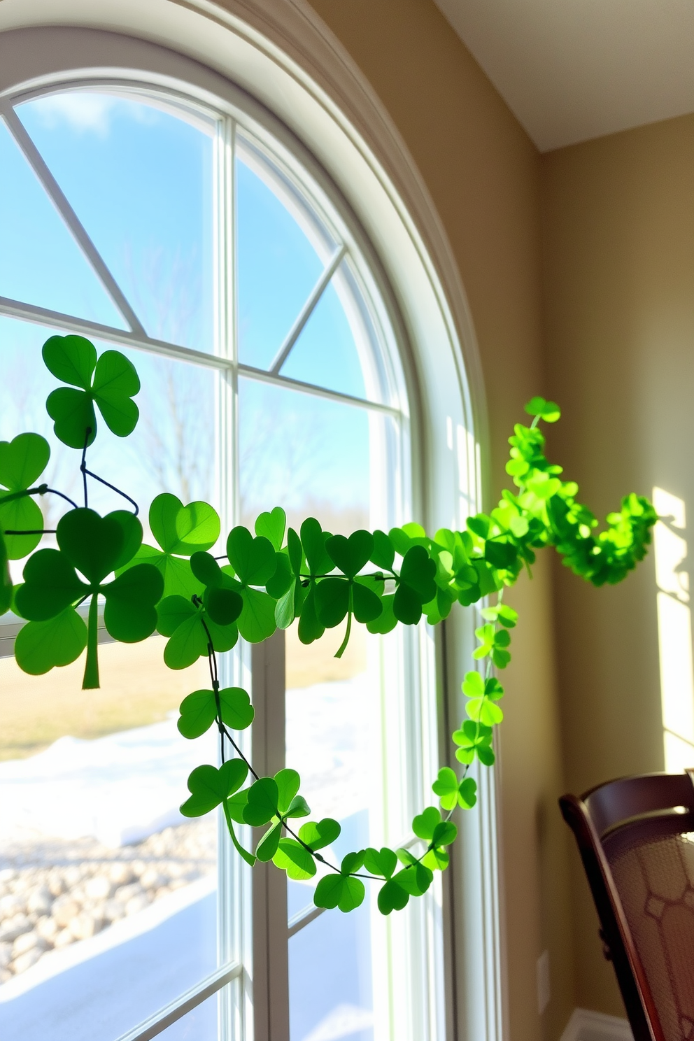 Hang shamrock garlands across the windows to create a festive atmosphere. The vibrant green color of the garlands complements the natural light streaming in, enhancing the cheerful ambiance of the room.