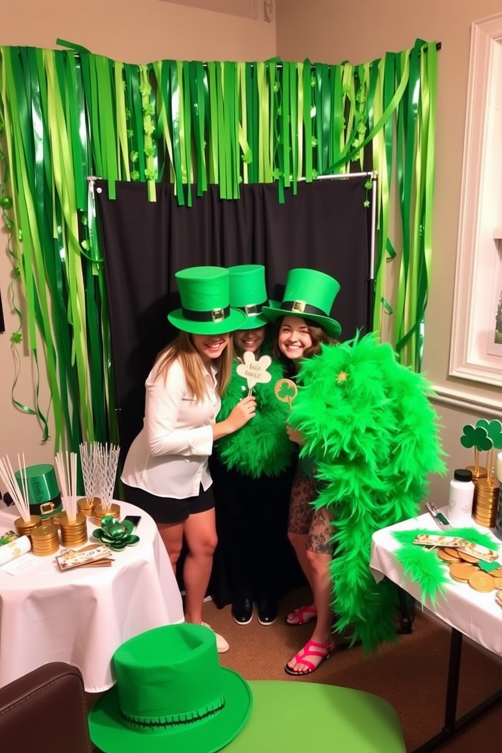 A vibrant photo booth corner is set up with a backdrop of cascading green streamers and shamrocks. Festive props such as oversized leprechaun hats, gold coins, and green feather boas are arranged on a nearby table for guests to use.