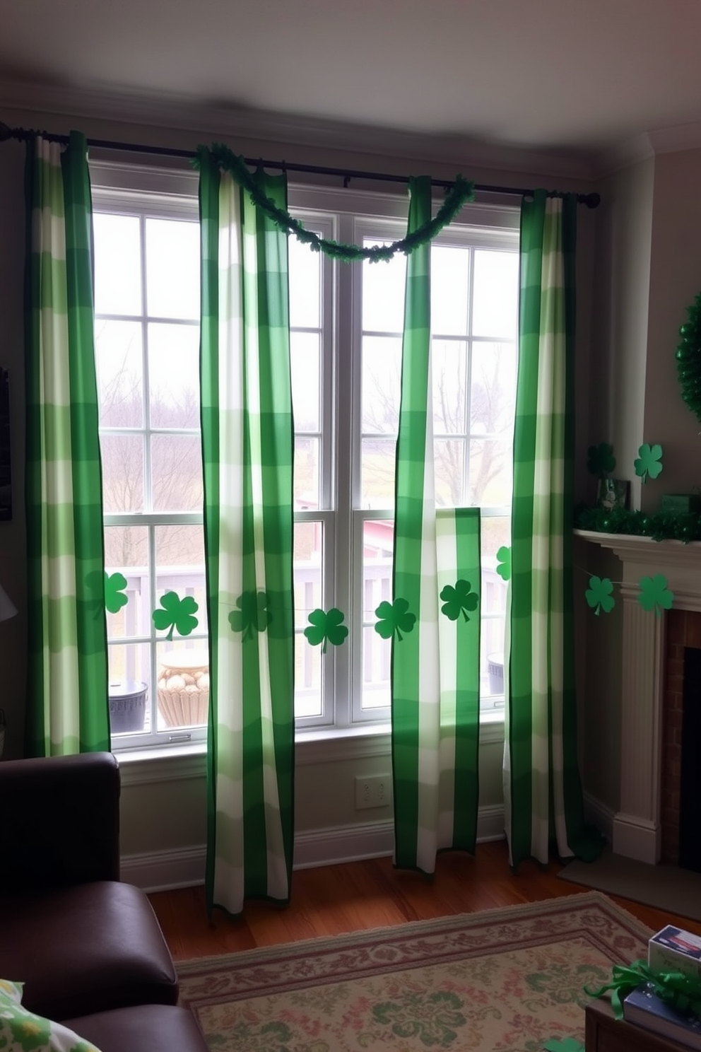 A cozy living room adorned for St. Patrick's Day features green and white striped curtains that frame the windows, allowing natural light to filter in. The room is decorated with cheerful shamrock motifs, and a festive garland hangs above the mantelpiece, creating a warm and inviting atmosphere.