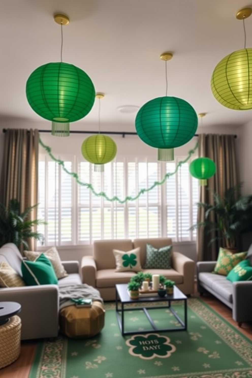 A cozy living room adorned with paper lanterns in festive colors hanging from the ceiling. The space is decorated with green and gold accents, including throw pillows and a St. Patrick's Day themed rug.