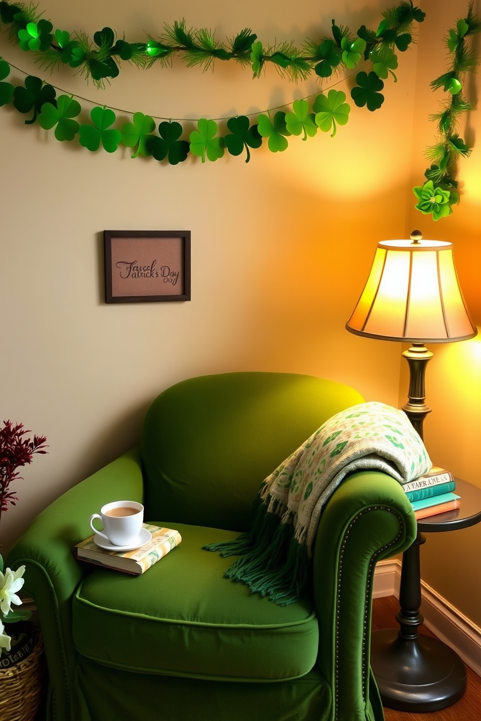 Create a cozy reading nook featuring a plush armchair upholstered in soft green fabric. A small side table holds a steaming cup of tea and a stack of books, while a decorative throw blanket drapes over the armchair. The nook is adorned with festive St. Patrick's Day decorations, including a garland of shamrocks hanging on the wall. A warm, inviting lamp casts a soft glow, creating the perfect ambiance for relaxation and reading.