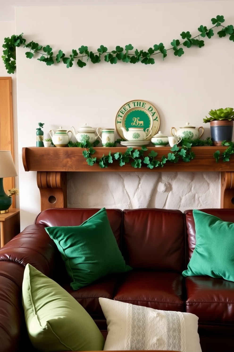 A cozy living room adorned with vintage Irish tea sets as decor. The tea sets are displayed on a rustic wooden shelf, surrounded by green and gold accents to celebrate St. Patrick's Day. Plush emerald green cushions are arranged on a deep brown leather sofa. A festive garland of shamrocks hangs above the mantelpiece, adding a touch of holiday spirit to the space.