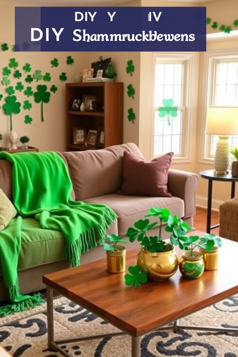 A cozy living room adorned with DIY shamrock crafts. The walls are decorated with handmade shamrock garlands, and a vibrant green throw blanket is draped over a plush sofa. On the coffee table, there are several small potted shamrocks and a festive centerpiece featuring a mix of gold and green accents. The atmosphere is warm and inviting, perfect for celebrating St. Patrick's Day with friends and family.