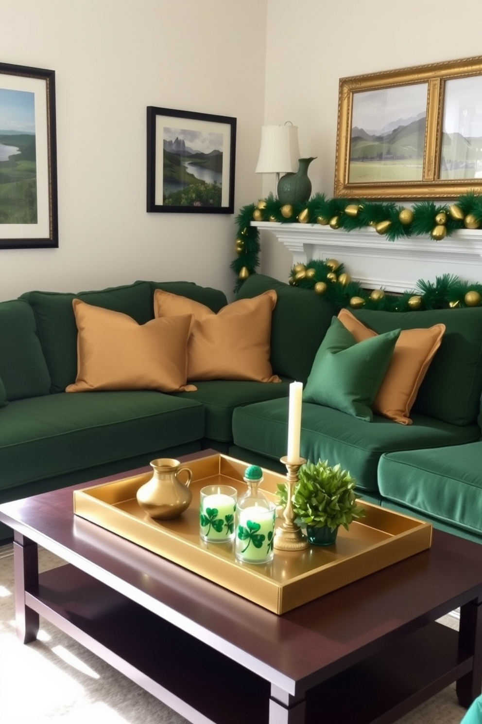 A cozy living room adorned for St. Patrick's Day features a plush green sofa paired with gold accent pillows. A decorative gold tray sits on a coffee table, holding festive shamrock-themed candles and a small potted plant. The walls are adorned with framed prints of Irish landscapes, bringing a touch of nature indoors. A vibrant green and gold garland drapes elegantly across the mantel, adding a cheerful spirit to the space.