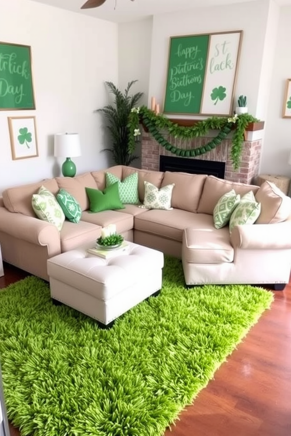 A cozy living room decorated for St. Patrick's Day features shelves adorned with gold glitter shamrock accents. The warm green walls complement the festive decor, creating a cheerful and inviting atmosphere.