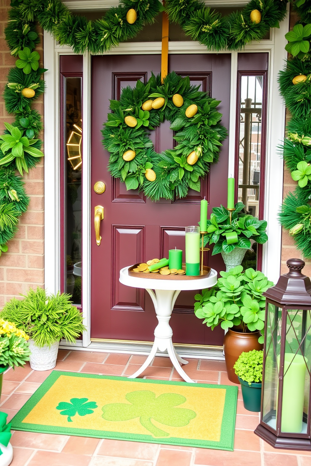 Create a festive entryway adorned with vibrant green and gold decorations to celebrate St. Patrick's Day. Include a welcoming door mat with a shamrock design and hang a cheerful wreath made of greenery and gold accents on the door. Place a small table near the entrance featuring a decorative tray filled with gold coins and green candles. Add a few potted shamrocks and a stylish lantern to enhance the festive atmosphere.