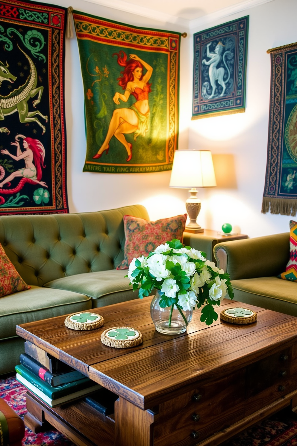 A cozy living room setting inspired by Irish folklore art. The walls are adorned with vibrant tapestries featuring mythical creatures and Celtic designs, while a plush green sofa complements the decor. On a rustic wooden coffee table, there are decorative items such as shamrock coasters and a centerpiece made of fresh flowers in shades of white and green. Soft lighting from a vintage lamp casts a warm glow, enhancing the festive atmosphere for St. Patrick's Day celebrations.