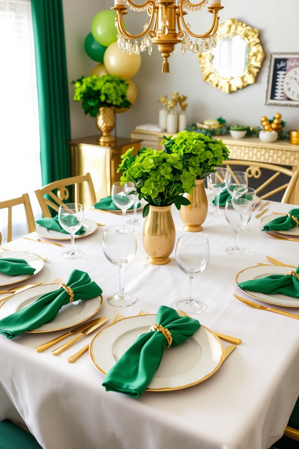 A stylish dining table is set for a St. Patrick's Day celebration featuring elegant gold and green table settings. The table is adorned with a crisp white tablecloth, gold cutlery, and vibrant green napkins elegantly folded at each place setting. Centerpieces of fresh green flowers in gold vases add a touch of sophistication. Surrounding the table, shimmering gold accents and festive decorations create a warm and inviting atmosphere for guests.