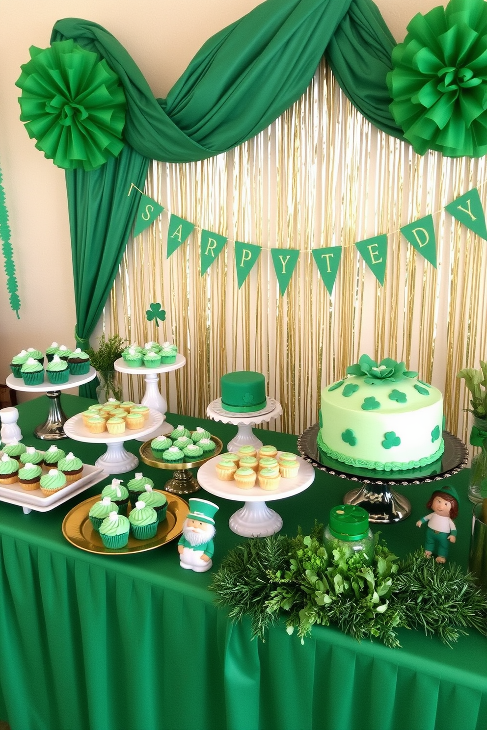 Set up a green-themed dessert table featuring various shades of green in the decorations. Include a variety of desserts such as cupcakes with green frosting, mint-flavored cookies, and a large cake adorned with shamrocks. Incorporate elements like green tablecloths, gold accents, and fresh greenery as centerpieces. Add festive touches like small leprechaun figurines and decorative banners to enhance the St. Patrick's Day theme.