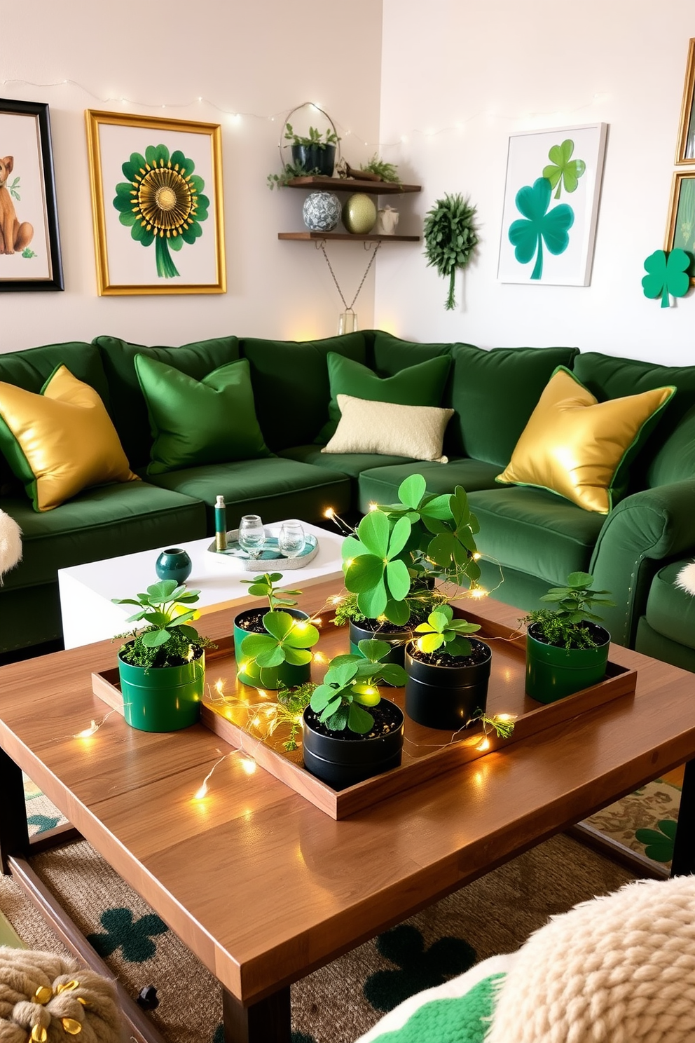 A stunning table centerpiece featuring a lush arrangement of green foliage and gold accents. The centerpiece includes a mix of vibrant green flowers and elegant gold decorative elements, perfect for a festive St. Patrick's Day celebration.