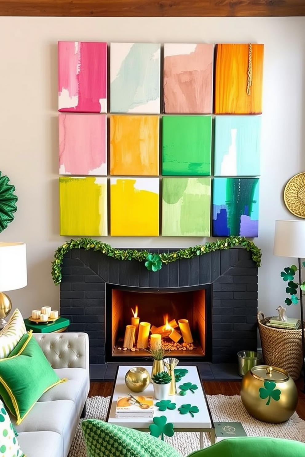 Create a vibrant rainbow wall art display featuring an array of colorful canvases arranged in a playful pattern. Incorporate various shades of the rainbow with abstract shapes and textures to bring a lively atmosphere to the space. Design a cozy loft for St. Patrick's Day with green accents throughout the room. Use shamrock decorations, gold accents, and soft textiles to create a festive yet inviting environment.