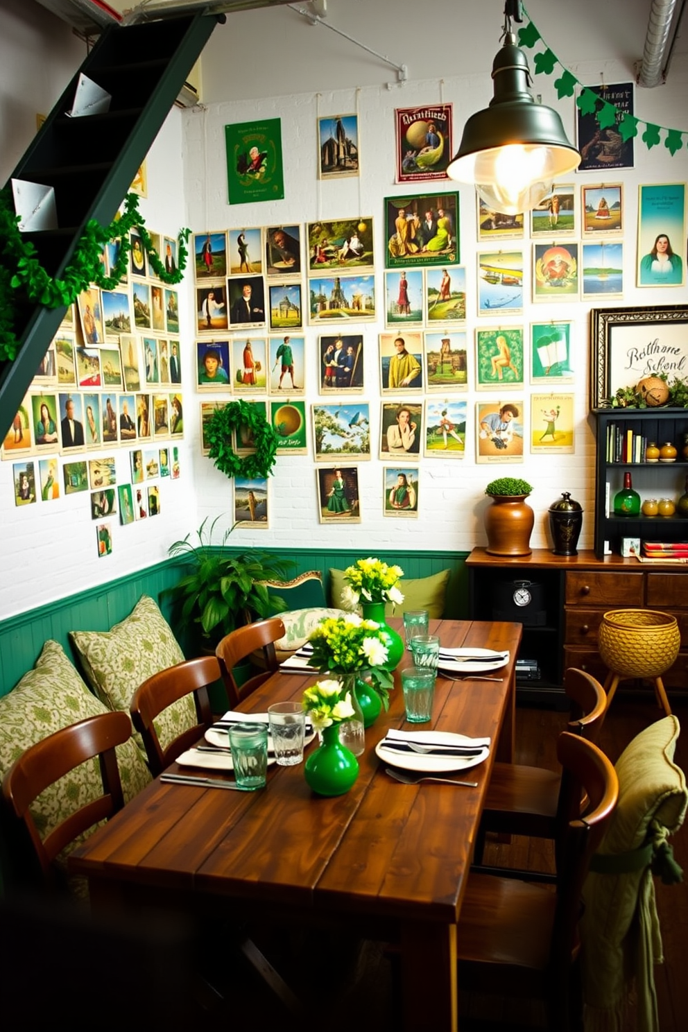 A cozy loft space adorned with vintage Irish postcards hanging on the walls, creating a nostalgic atmosphere. A mix of green and gold accents throughout the decor enhances the St. Patrick's Day theme, with a rustic wooden table set for a festive gathering.