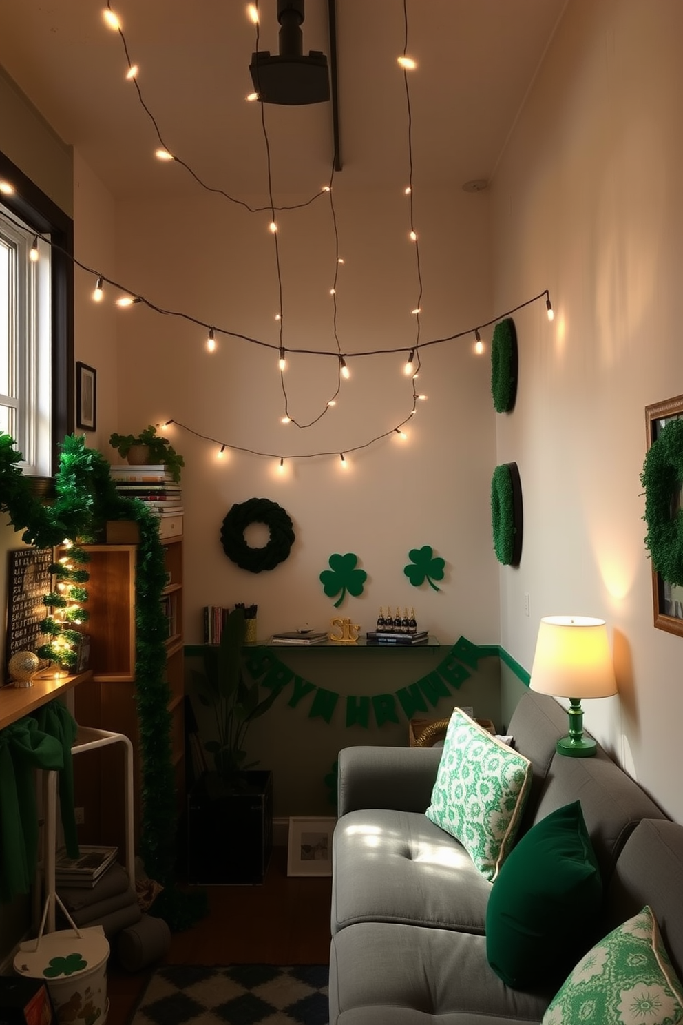 A cozy loft space adorned for St. Patrick's Day. The walls are decorated with green and gold accents, and string lights hang from the ceiling, casting a warm festive glow.