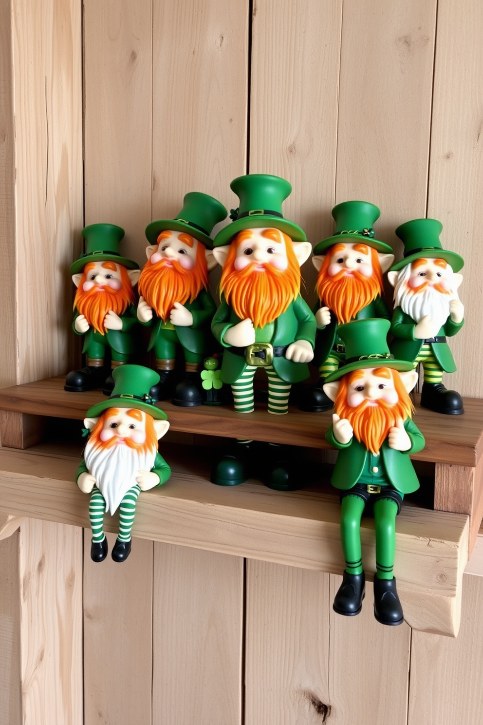 A charming display of leprechaun figurines arranged on a rustic wooden shelf. Each figurine is uniquely designed, showcasing vibrant colors and intricate details that capture the spirit of St. Patrick's Day.