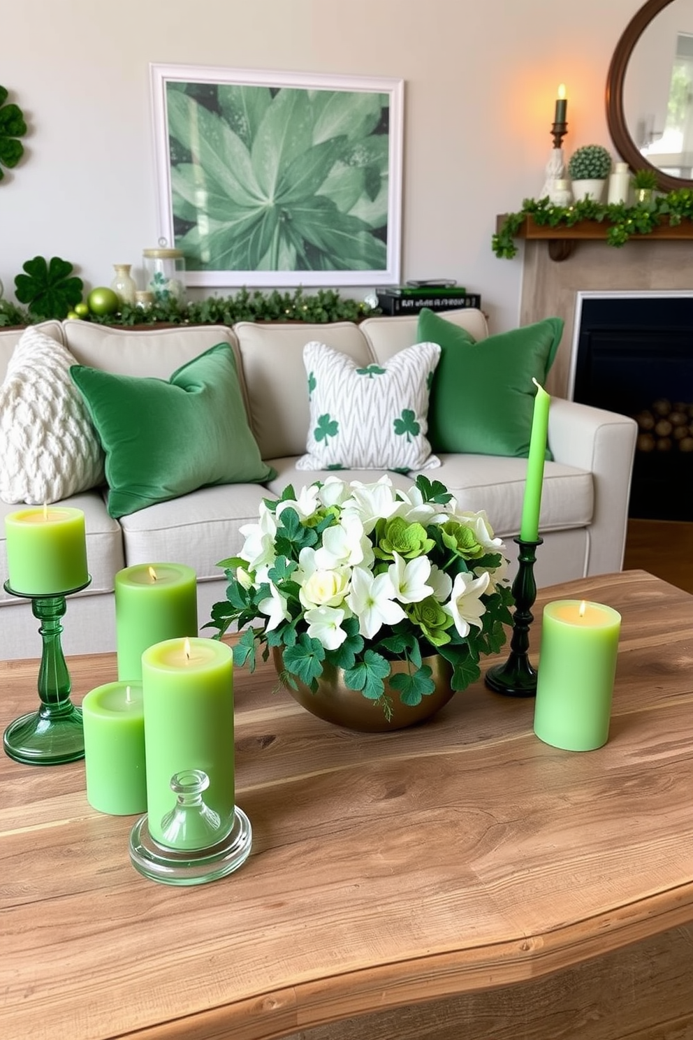 A whimsical living room adorned with gold foil wall decals of rainbows. The vibrant colors of the decals contrast beautifully against a soft pastel wall, creating a cheerful atmosphere for St. Patrick's Day celebrations. Cozy green and gold accents are scattered throughout the space, including throw pillows and decorative items. A festive garland featuring shamrocks hangs above the mantel, adding to the holiday spirit.