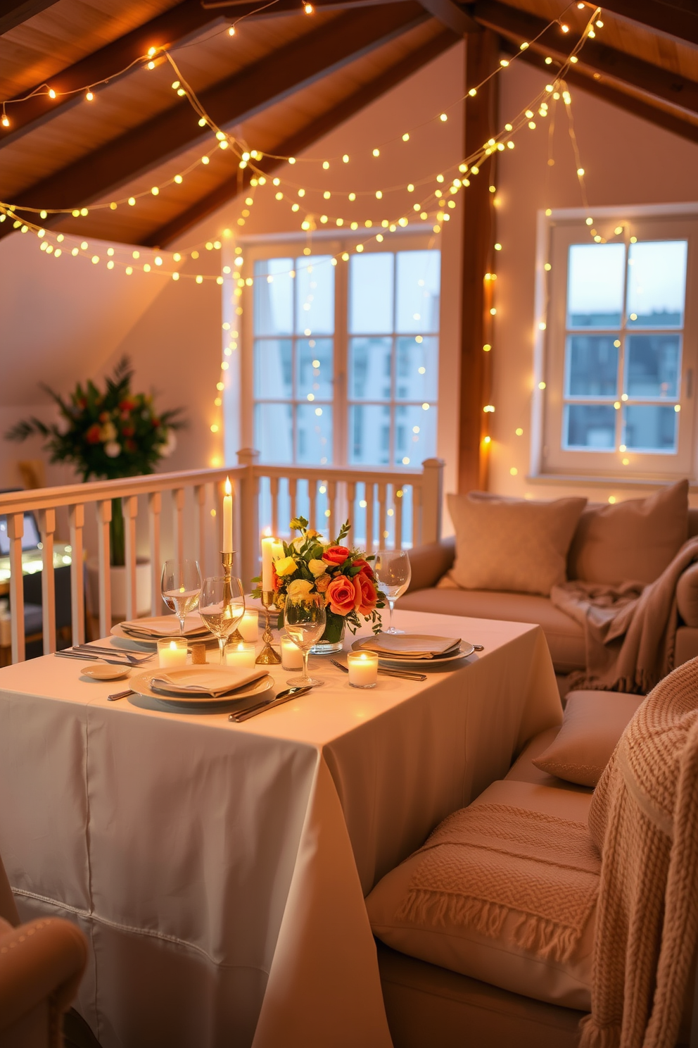 A romantic candlelit dinner setup features a beautifully set table with a crisp white tablecloth and elegant dinnerware. Soft golden lighting from scattered candles creates an intimate atmosphere, while fresh flowers in a vase add a touch of color and fragrance. The loft space is adorned with delicate fairy lights draped across the ceiling, enhancing the romantic vibe. Plush cushions and a warm throw blanket are arranged on nearby seating, inviting guests to relax and enjoy the evening.