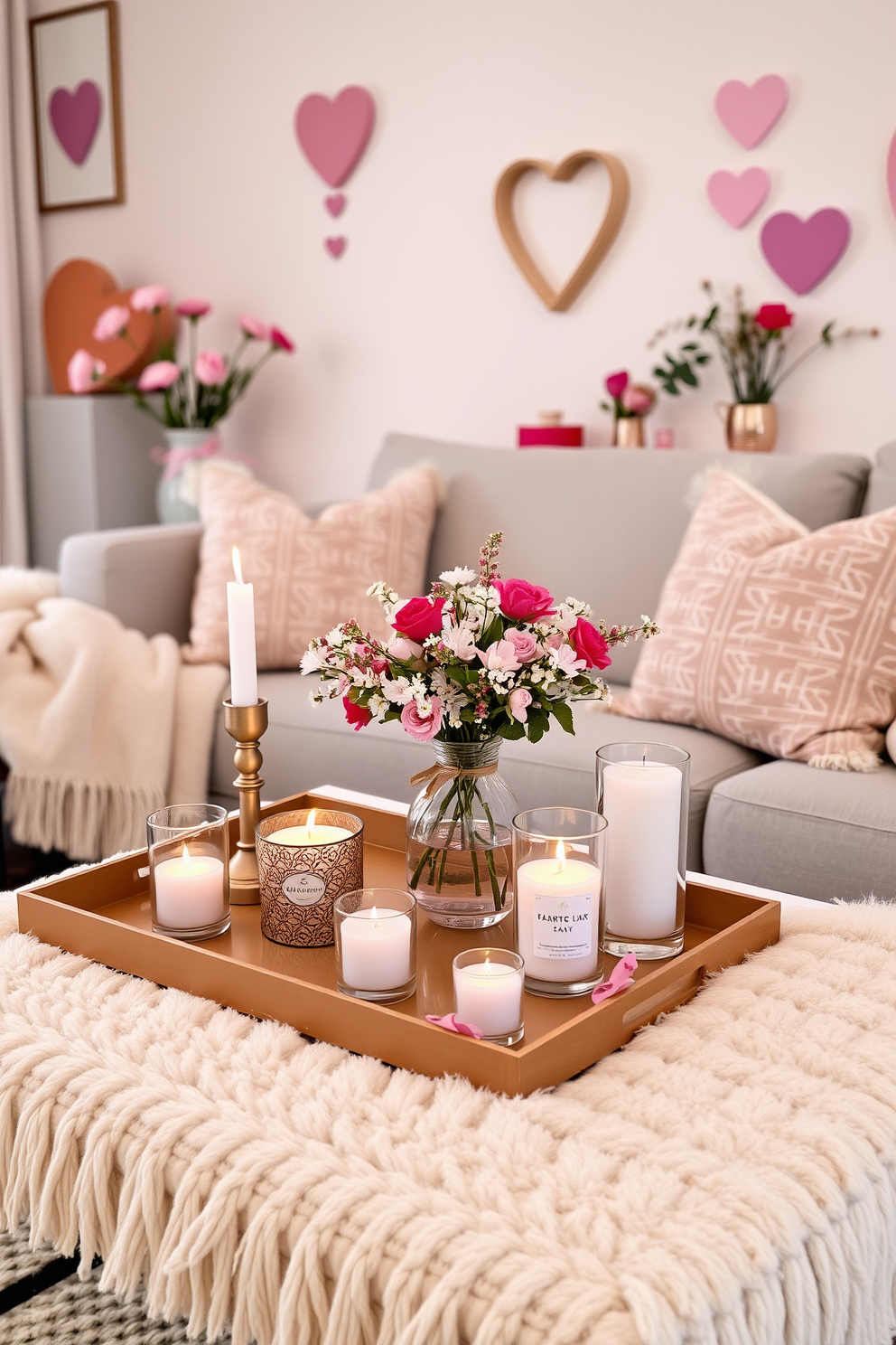 A cozy living space adorned with scented candles in decorative holders. The candles are arranged on a stylish coffee table, surrounded by soft cushions and a plush throw blanket, creating an inviting atmosphere. The decor features a mix of romantic elements for Valentine's Day, including heart-shaped accents and delicate floral arrangements. The walls are adorned with subtle pastel colors, enhancing the warm and loving ambiance of the room.