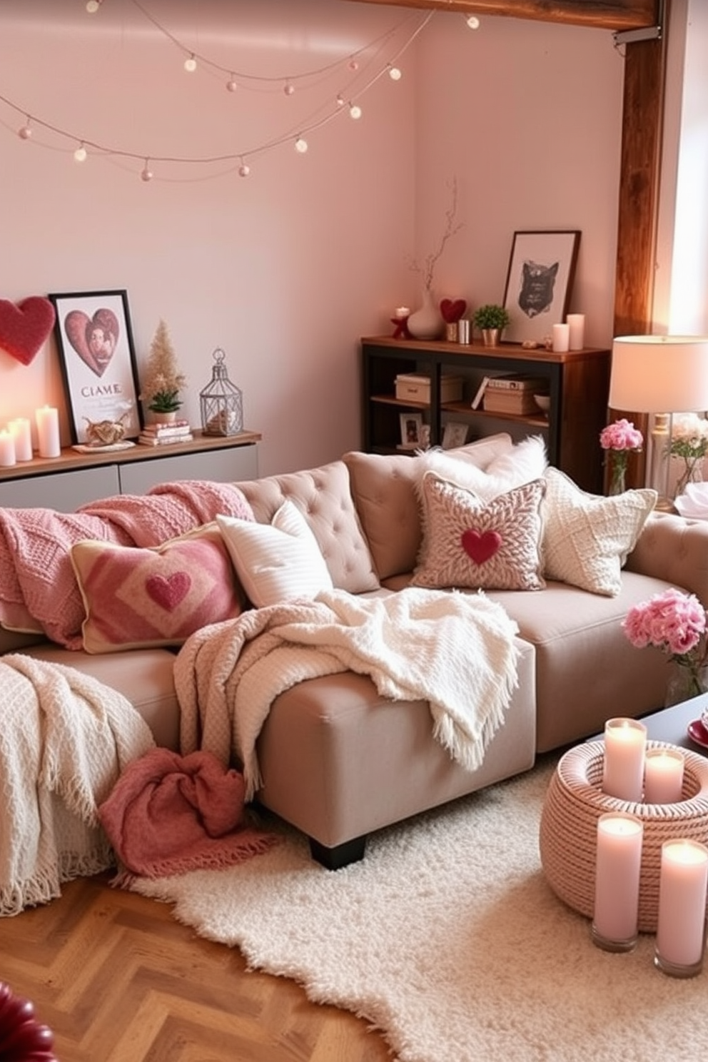 A whimsical heart-shaped wreath adorns the front door, crafted from vibrant red and pink flowers intertwined with delicate greenery. The entrance is further enhanced by soft string lights draped around the doorway, creating a warm and inviting atmosphere for Valentine's Day.