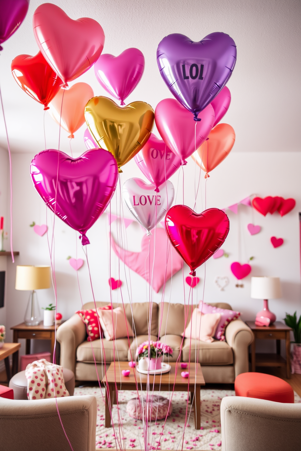 A whimsical setting filled with heart-shaped balloons in vibrant colors floating gently in the air. The backdrop features a cozy living room adorned with playful Valentine's Day decorations, including garlands of hearts and soft pastel accents.