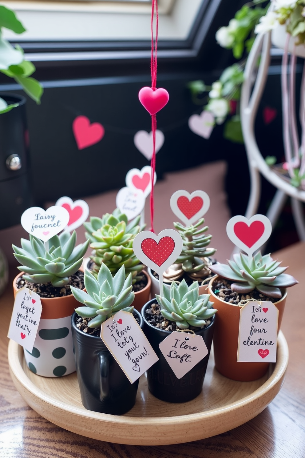 Create a cozy loft space decorated for Valentine's Day. Arrange various succulent plants in stylish pots, each accompanied by a heartfelt love message on decorative tags.