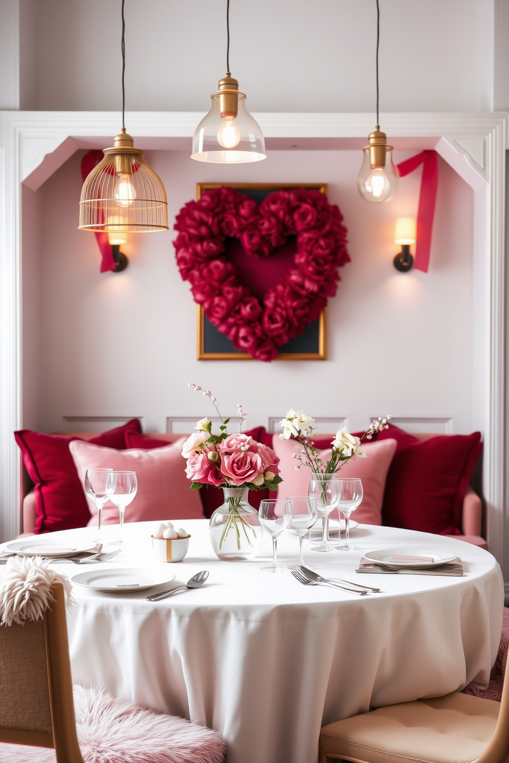 A cozy loft decorated for Valentine's Day features layered textiles that create a warm and inviting atmosphere. Soft throw blankets in shades of pink and red are draped over a plush sofa, complemented by an array of decorative pillows in various patterns and textures. The space is adorned with romantic accents such as heart-shaped cushions and candle holders that cast a soft glow. A beautifully set coffee table displays a bouquet of fresh flowers alongside a selection of sweet treats, enhancing the festive spirit.