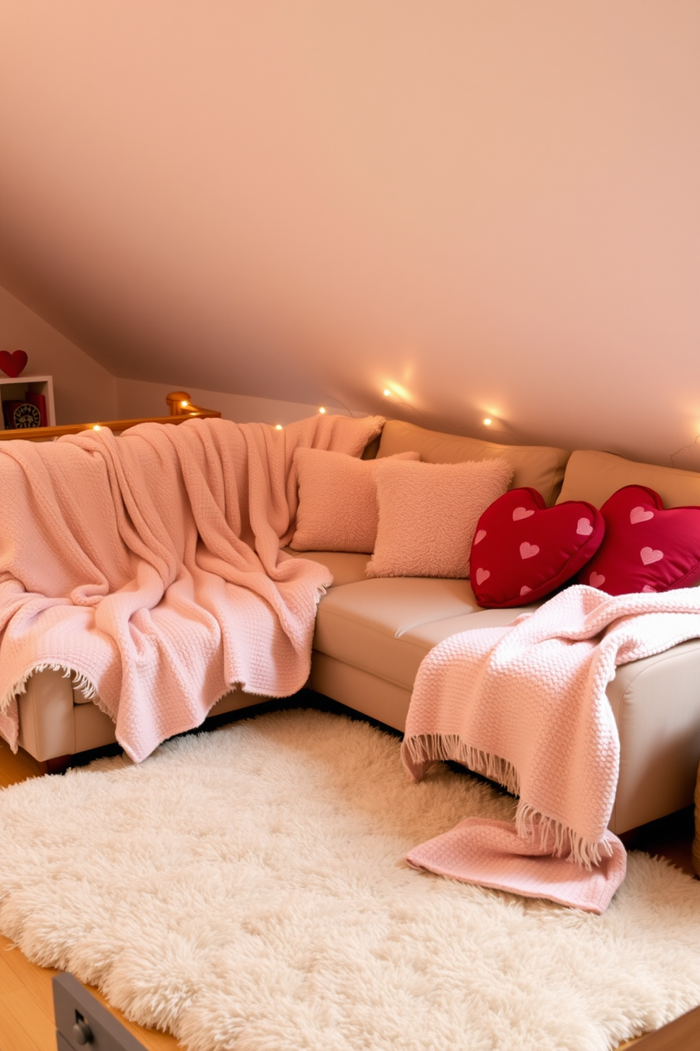 A warm and inviting loft space adorned with soft blankets draped over a plush sectional sofa. The decor features romantic accents like heart-shaped cushions and twinkling fairy lights to create a cozy Valentine's Day atmosphere.