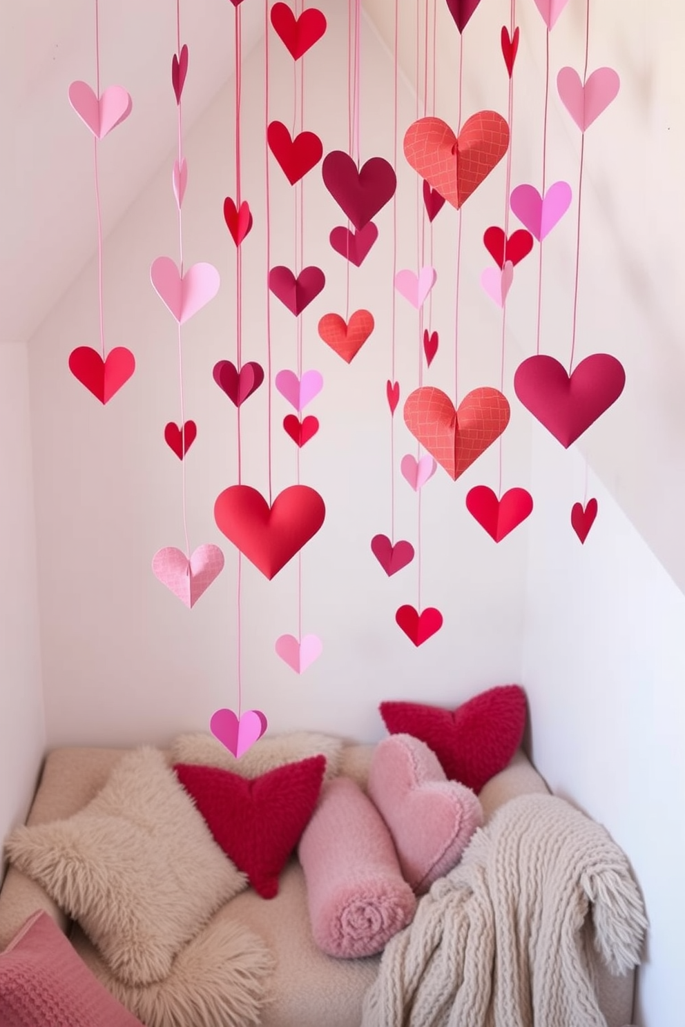 A whimsical loft space adorned with hanging paper hearts from the ceiling creates a romantic ambiance for Valentine's Day. The hearts, crafted in various shades of pink and red, sway gently above a cozy seating area filled with plush cushions and soft throws.