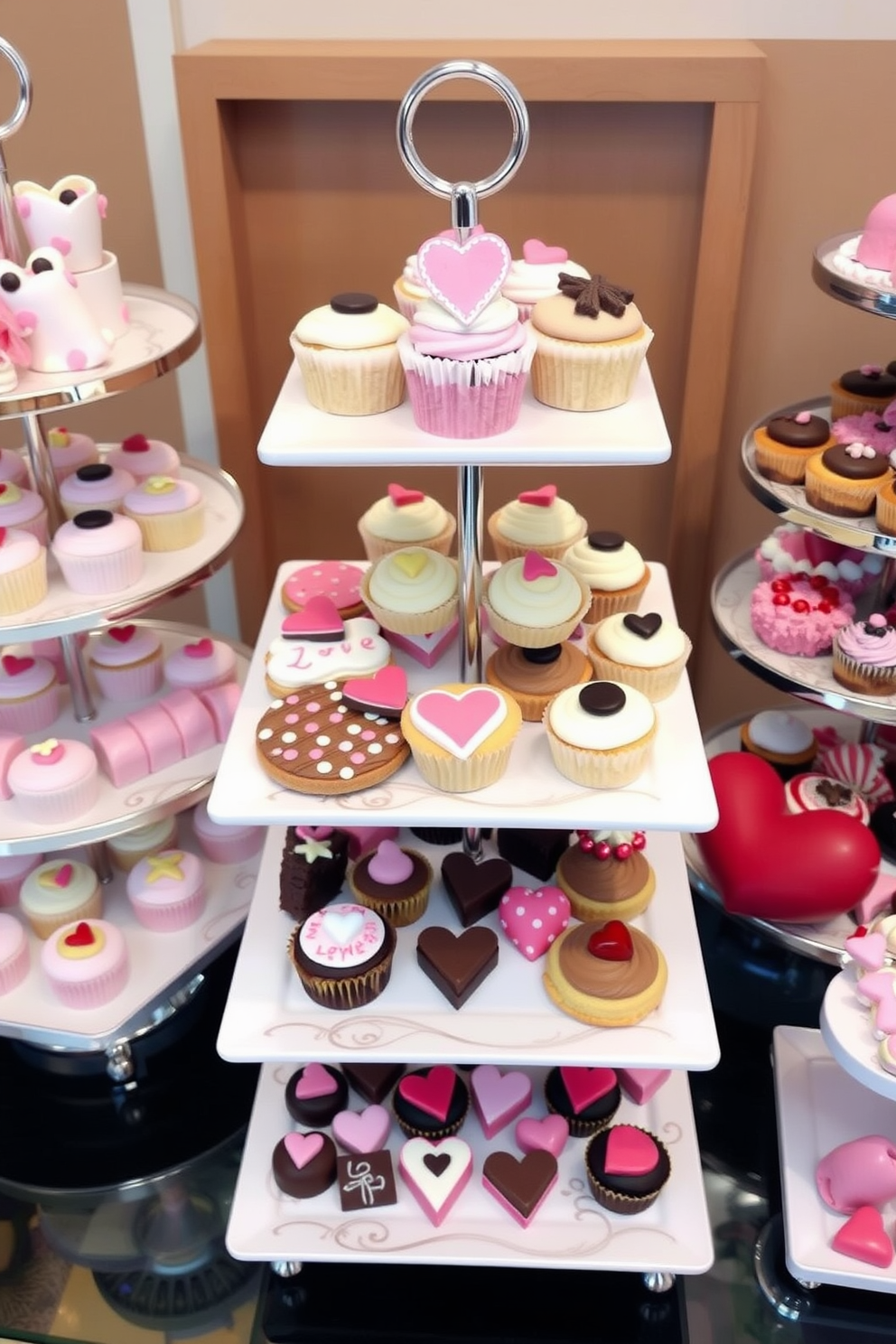 A collection of heart-shaped food platters arranged elegantly on a wooden dining table. The platters are filled with a variety of colorful fruits, cheeses, and chocolates, creating a visually stunning centerpiece. Soft pink and red decorations adorn the space, with heart-shaped balloons floating above. Candles in romantic holders flicker gently, casting a warm glow over the festive setting.