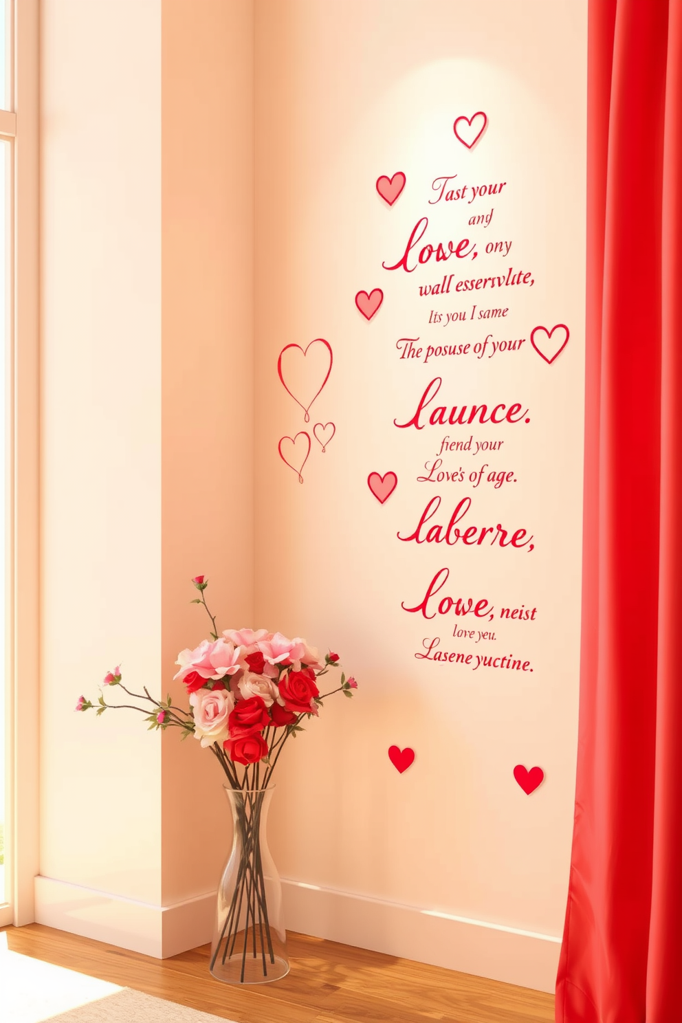 Create a romantic and artistic atmosphere with love-themed wall decals that feature elegant designs and soft colors. Incorporate heart motifs and inspirational quotes to enhance the Valentine's Day decor in the space.