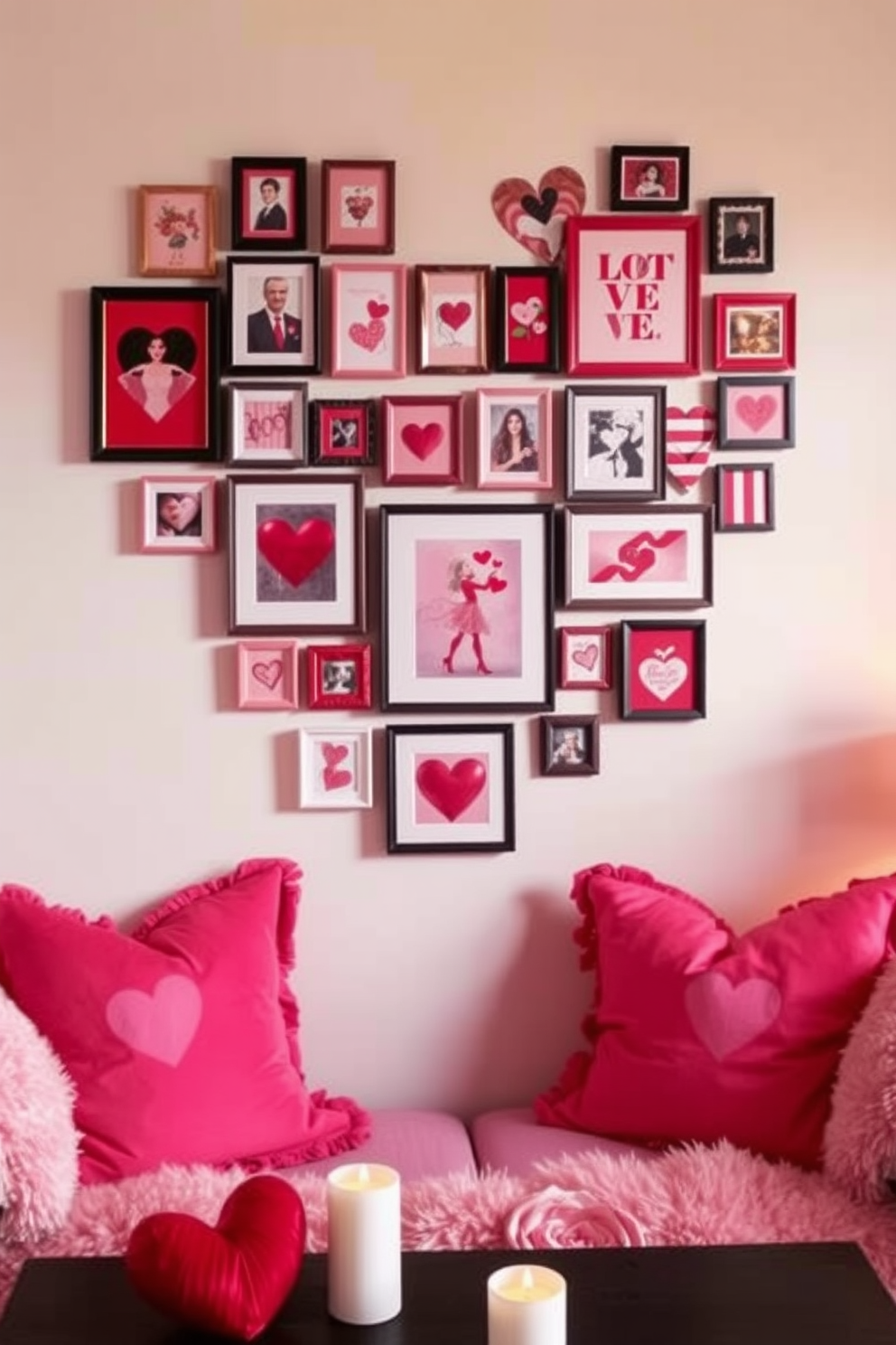 A heart-shaped wall art display features an array of framed artworks in various shades of red and pink. The display is arranged in a playful yet elegant manner, creating a romantic focal point for the room. Soft, ambient lighting enhances the warmth of the colors, making the space feel inviting and cozy. Incorporate decorative elements like candles and plush cushions to complete the Valentine's Day theme.