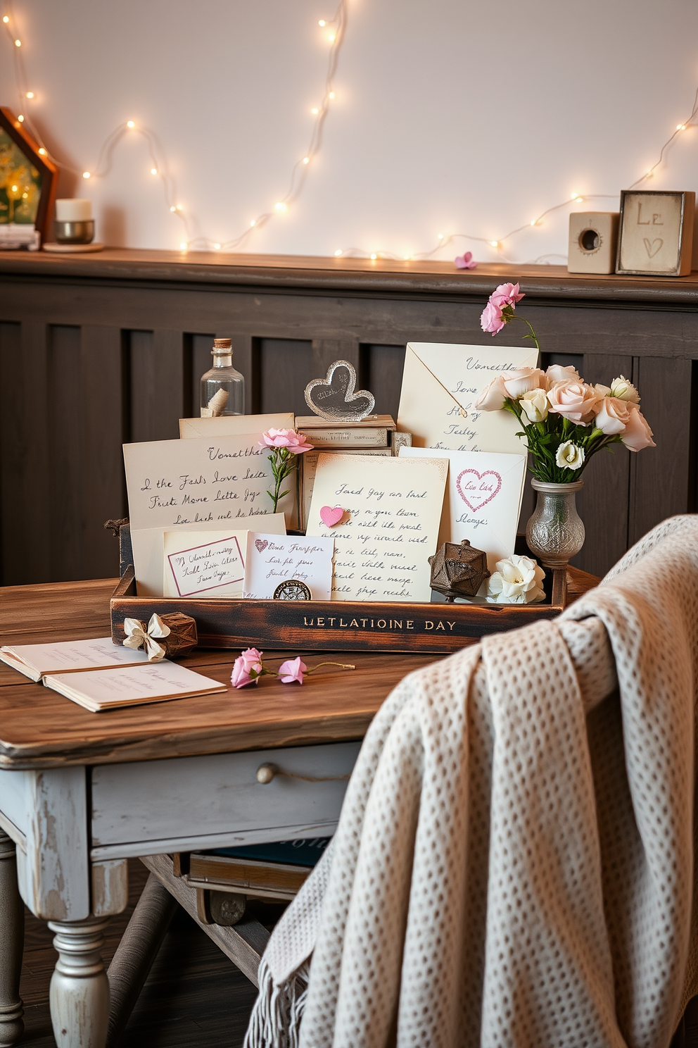 A charming display of vintage love letters is elegantly arranged on a rustic wooden table. Soft pink and cream accents enhance the romantic atmosphere, while delicate fairy lights twinkle softly in the background. The letters are artfully scattered among antique trinkets and fresh flowers in pastel hues. A cozy throw blanket drapes over a nearby chair, inviting guests to sit and enjoy the nostalgic ambiance of Valentine's Day.