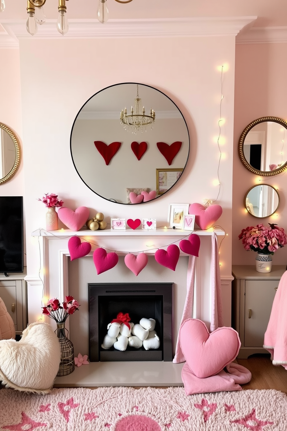 A cozy living room adorned with creative mirror placements that reflect light and enhance the space. The walls are painted in soft pastels, and a large round mirror hangs above a modern fireplace, creating an inviting focal point. For Valentine's Day, the room features romantic decorations such as heart-shaped cushions and soft pink throws. Delicate fairy lights are draped around the mirrors, adding a warm glow to the atmosphere.