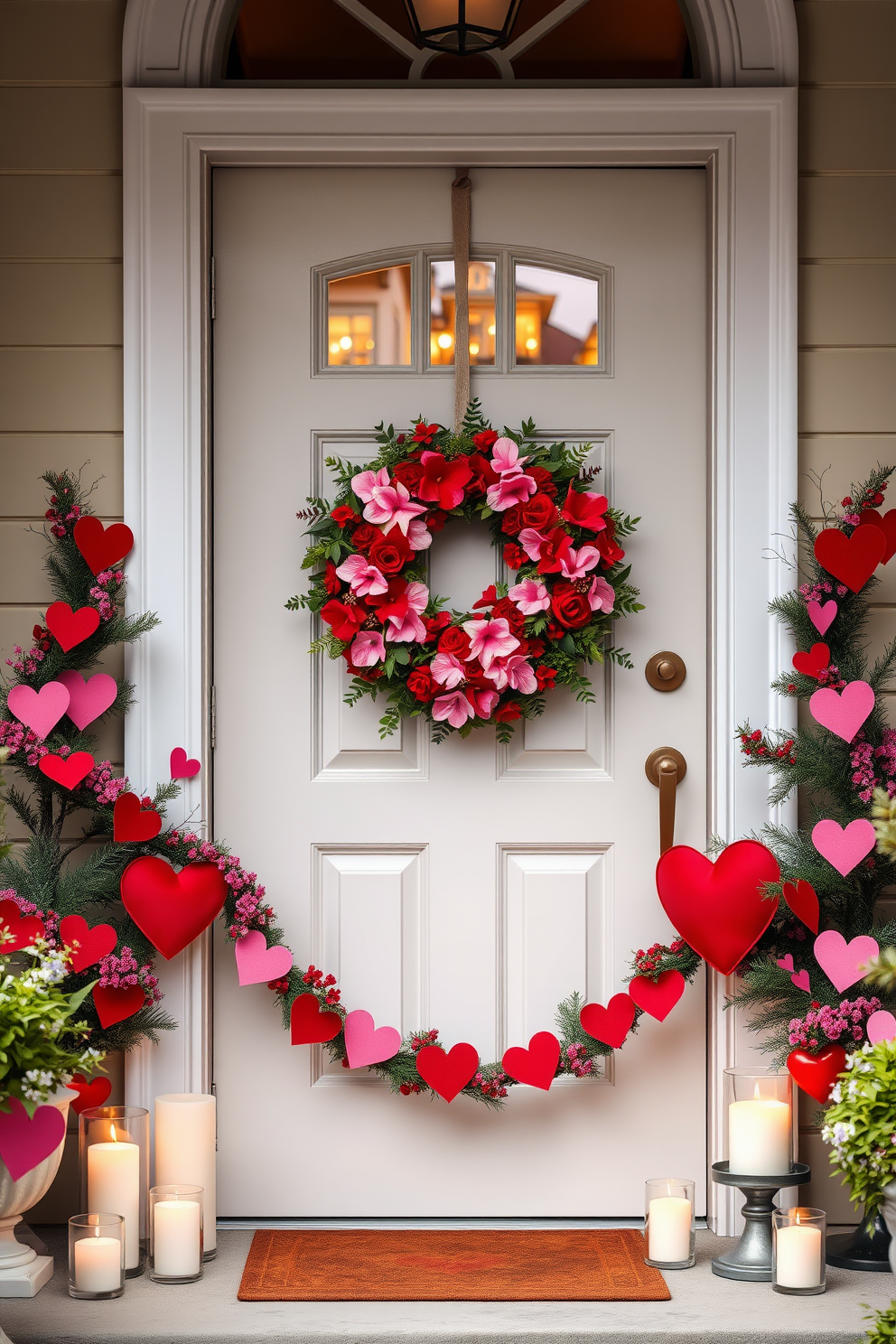 A charming front door adorned with a seasonal wreath made of vibrant red and pink flowers accented with greenery. The surrounding area features cozy Valentine's Day decorations, including heart-shaped garlands and soft candlelight to create a warm and inviting atmosphere.