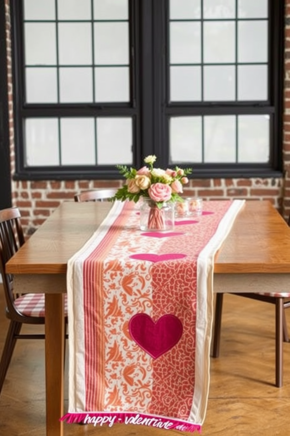 Create a collection of unique table runners featuring various patterns that enhance the aesthetic of a loft space. Incorporate elements that evoke a romantic atmosphere for Valentine's Day, such as soft fabrics and warm color palettes.