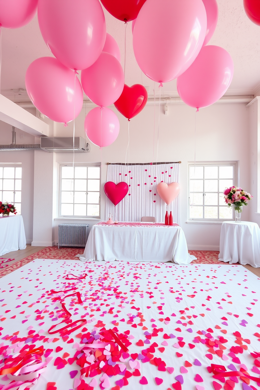 A vibrant loft space adorned with colorful heart-shaped confetti scattered across a white tablecloth. Soft pink and red balloons float above, creating a festive atmosphere perfect for a Valentine's Day celebration.