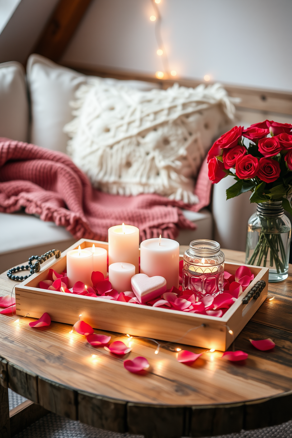 A beautifully arranged decorative tray sits on a rustic wooden table, featuring an assortment of romantic items such as scented candles, delicate rose petals, and a small heart-shaped box. The tray is surrounded by soft fairy lights, creating an enchanting atmosphere perfect for a cozy Valentine's Day celebration. In the background, plush cushions and a warm throw blanket add comfort to the loft space, while a vase of fresh red roses stands tall nearby. The overall color palette combines soft pinks and deep reds, enhancing the romantic vibe of the decor.