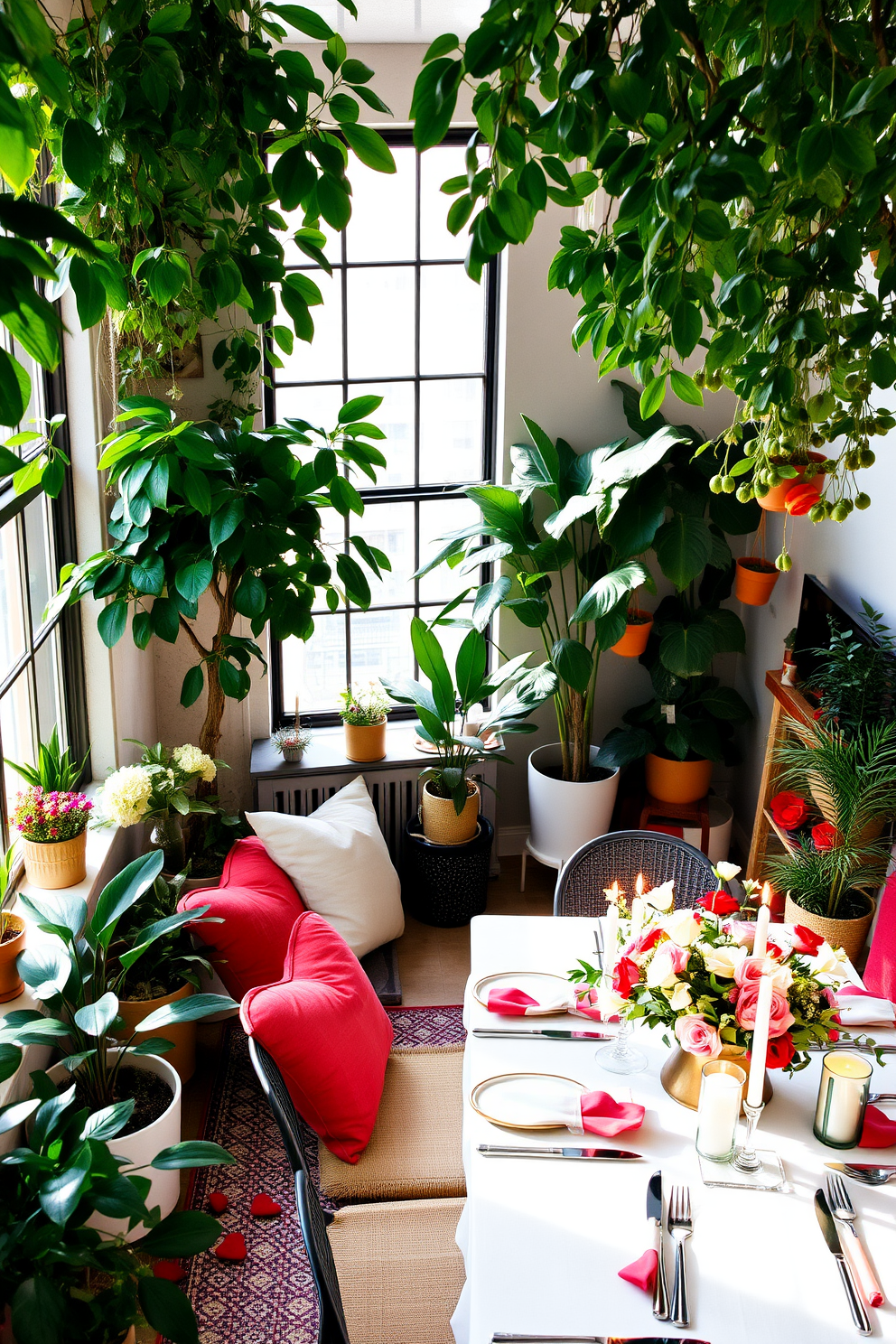 A cozy loft space adorned with lush greenery, featuring potted plants of various sizes placed strategically around the room. Soft natural light filters through large windows, highlighting the vibrant leaves and creating a refreshing atmosphere. Incorporate romantic Valentine's Day decorations, such as heart-shaped pillows and soft red accents throughout the space. A beautifully set dining table with candles and floral arrangements adds a warm and inviting touch for a special celebration.