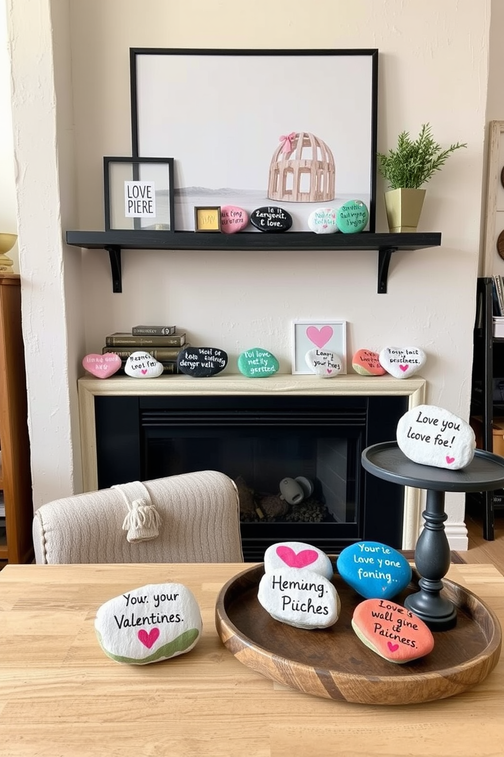 A cozy loft space adorned with DIY painted rocks featuring heartfelt love messages. These colorful rocks are strategically placed on shelves and tables, adding a personal touch to the Valentine's Day decor.