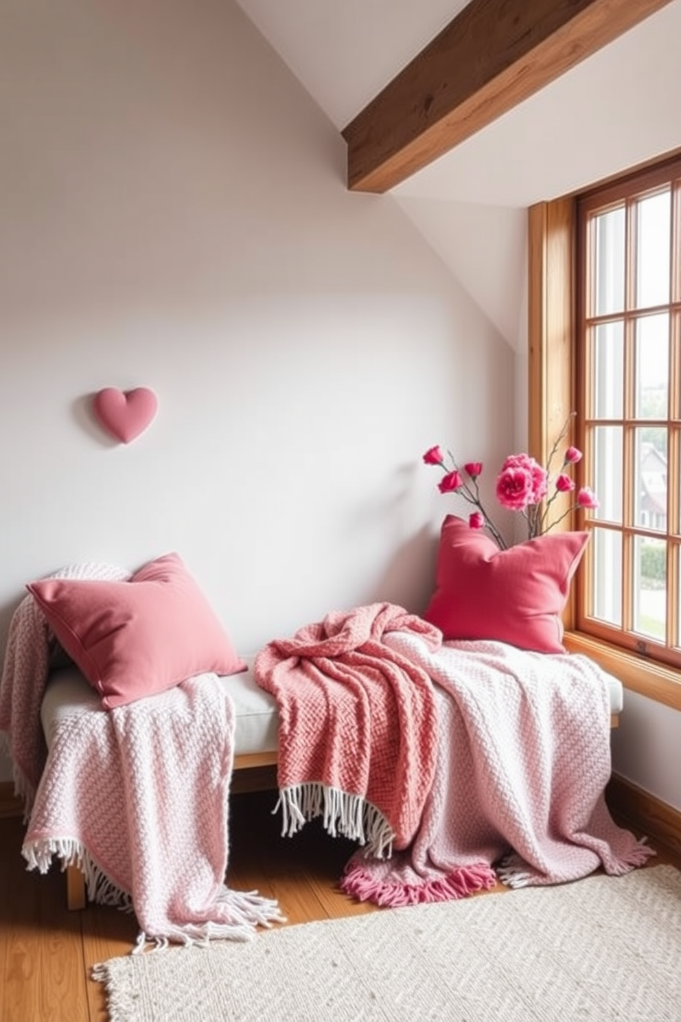 A cozy loft space features a cushioned bench adorned with soft, textured throws in shades of pink and red. The bench is positioned near a large window, allowing natural light to illuminate the romantic decor elements for Valentine's Day.