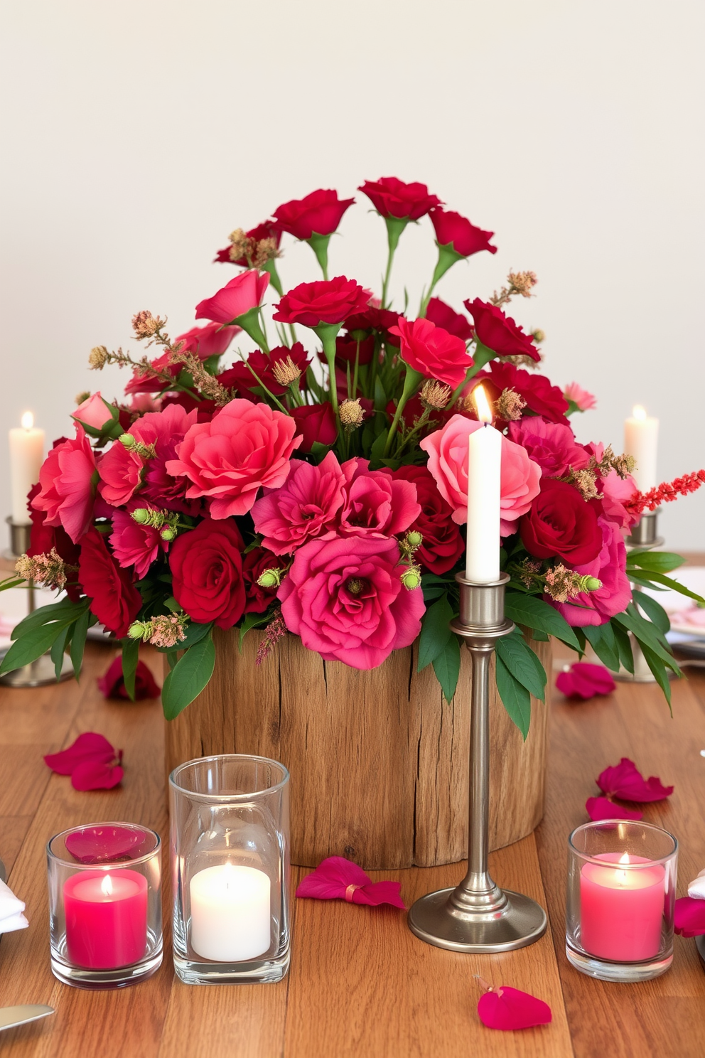 A rustic wooden table centerpiece is adorned with an array of vibrant red and pink flowers, creating a warm and inviting atmosphere for Valentine's Day. Surrounding the centerpiece, soft candlelight flickers in glass holders, enhancing the romantic ambiance of the setting.