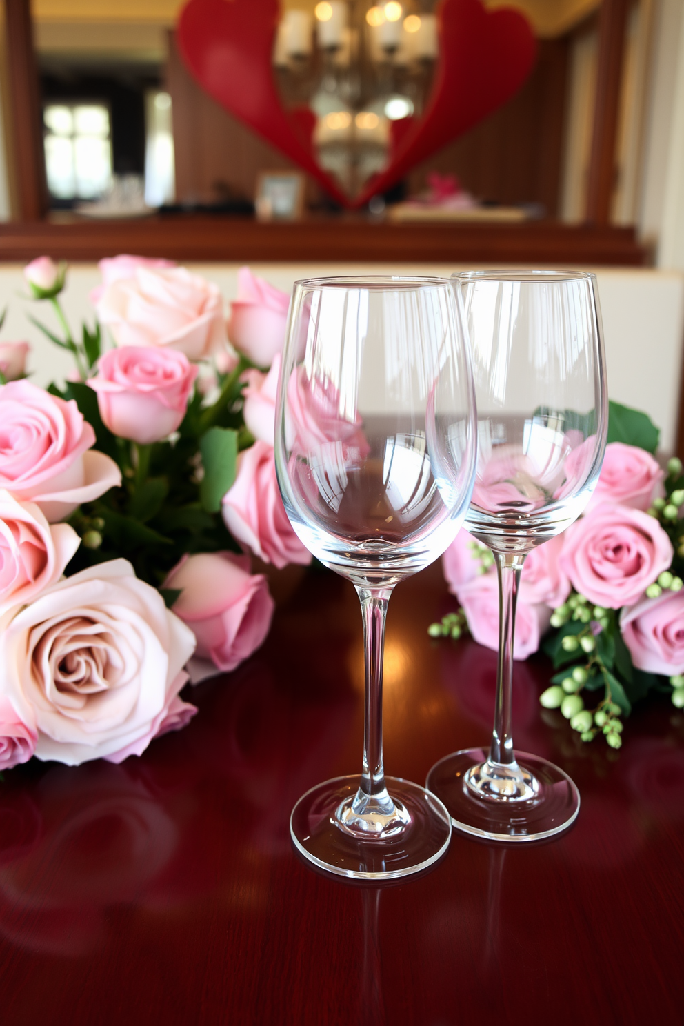 Elegant wine glasses for toasting are beautifully arranged on a polished wooden table. Surrounding the glasses are soft pink and white floral arrangements, creating a romantic atmosphere perfect for Valentine's Day.