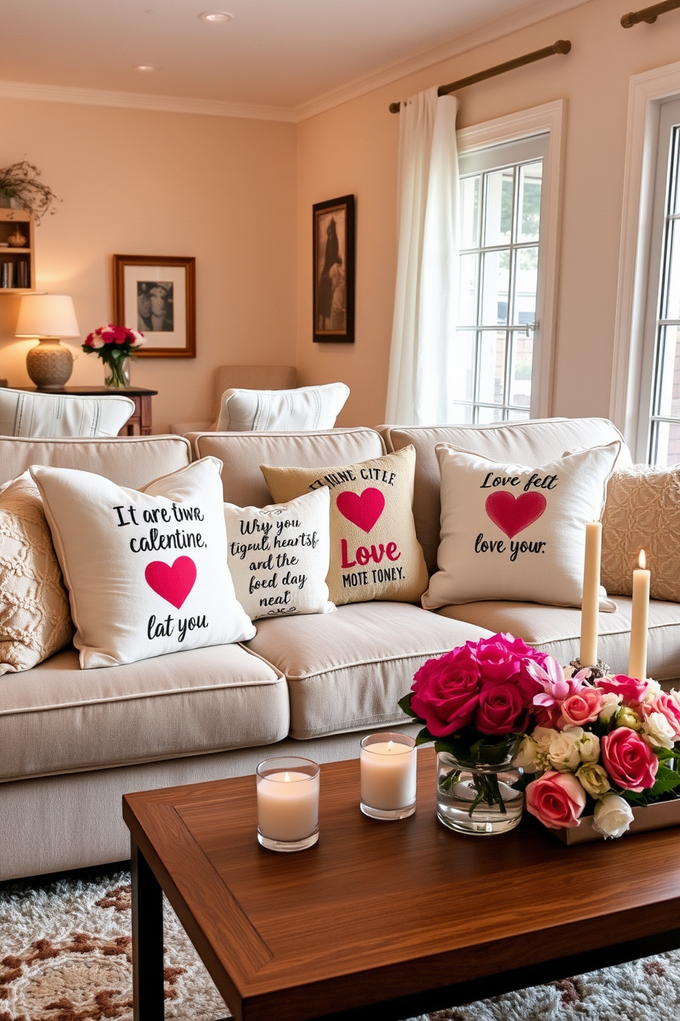 A cozy living room adorned with soft pink and red throw pillows scattered across a plush white sofa. The space is illuminated by warm, ambient lighting, creating an inviting atmosphere perfect for Valentine's Day celebrations.