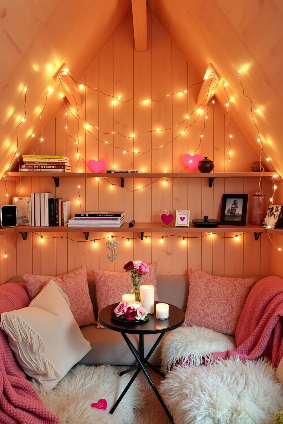 A cozy loft space adorned with fairy lights gently draped across wooden shelves creates a warm and inviting atmosphere. The shelves are filled with books and decorative items, while soft cushions and throws add a touch of comfort to the seating area. For Valentine's Day, delicate heart-shaped decorations are placed strategically around the room, enhancing the romantic vibe. A small table is set with candles and fresh flowers, making it the perfect spot for a cozy dinner or a quiet evening.