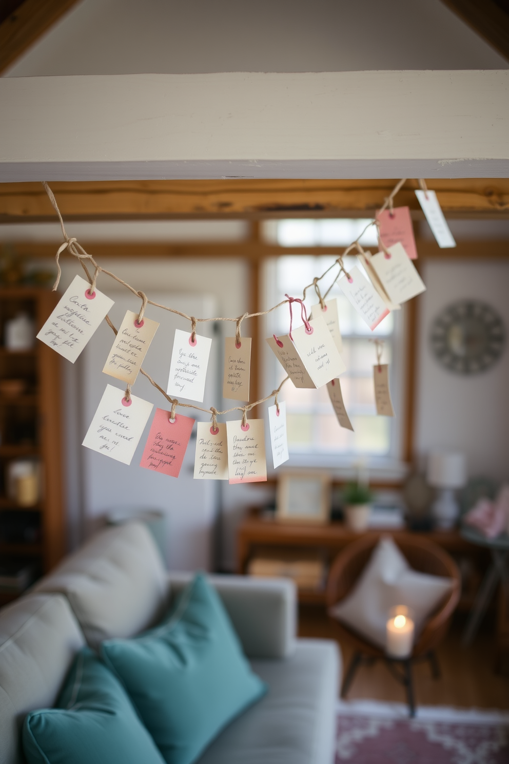 A vintage-inspired love note garland hangs gracefully across a cozy loft space. The garland features delicate, handwritten notes adorned with soft pastel colors, creating a romantic atmosphere perfect for Valentine's Day.